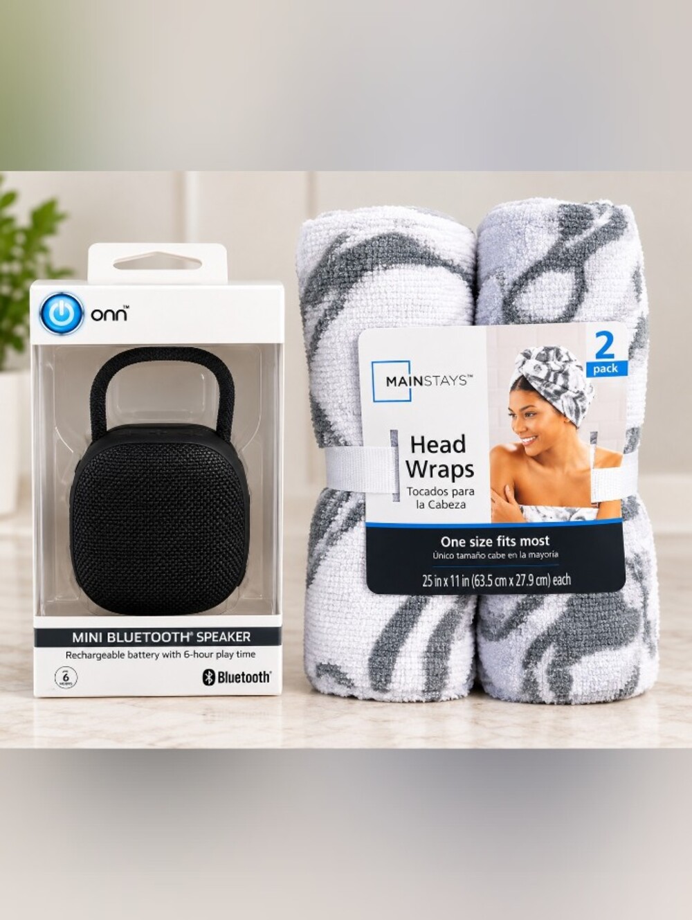 Mainstays White & Gray Head Wraps 2-Pack and Onn Mini Bluetooth Speaker